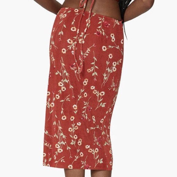 WeWoreWhat Danielle Bernstein Sz XL Red Floral Stretch Midi Wrap Skirt Side Slit - Picture 4 of 8